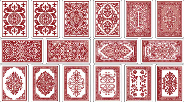 Vintage Playing Card Back Designs Vector Set with Ornamental Floral and Classic Red Geometric Patterns for Casino Games