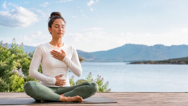Woman practicing a breathing technique for anxiety relief outdoors. Female meditating on a wooden deck with mountain views. Mindfulness and mental wellness concept