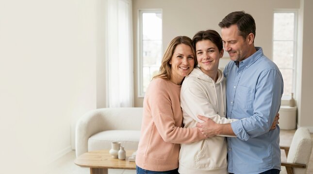 Happy parents hugging their teenage son in a modern living room. Smiling family portrait celebrating Parents' Day at home