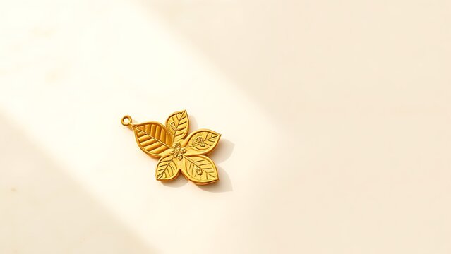 Two gold leaf-shaped ornaments with Devanagari embossing on cream marble, festive editorial concept