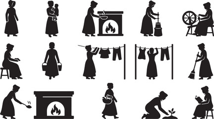 Naklejka premium Collection of black silhouettes showing pioneer women performing daily household chores, spinning, cooking, and gardening, set