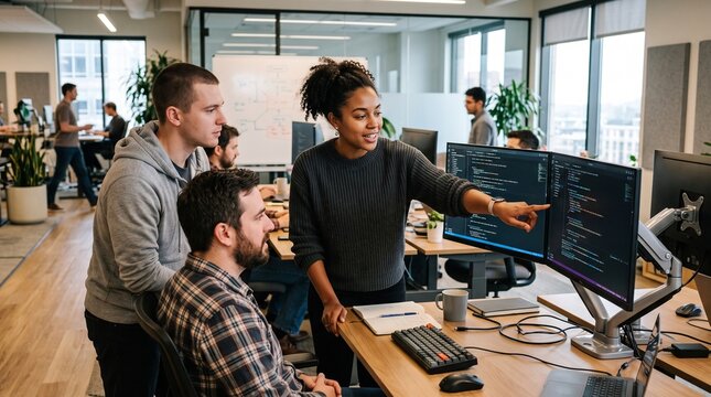 Diverse team of programmers collaborating on code in a modern office environment