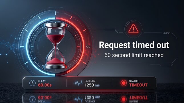 Network latency request timed out error concept with a digital hourglass and glowing system failure statistics on a futuristic interface