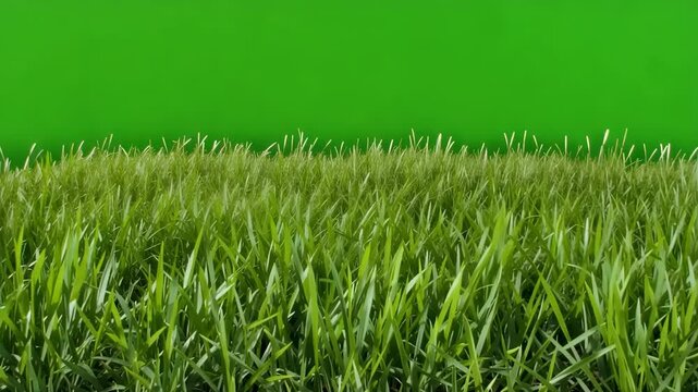 Lush green grass growing in a field against a vibrant chroma key background