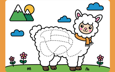 Naklejka premium Cute woolly alpaca character coloring page for preschoolers with coloring children activity mountains background illustration education learning preschool creative printable exercise
