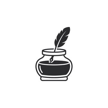 Vintage inkwell bottle with feather quill pen vector icon isolated on white background, antique literature writing symbol.