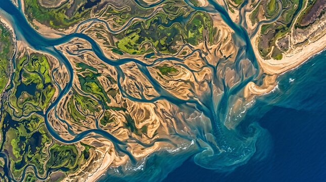 Aerial view of river delta meeting ocean. Natural estuary patterns from above.