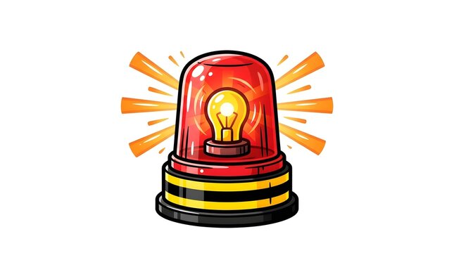 Cartoon vector illustration of a flashing red emergency siren light with glowing rays, isolated on white.