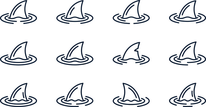 Set of shark fin icons emerging from water surface.