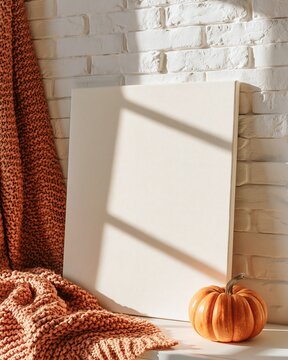 Blank vertical mockup canvas leaning against a white brick wall with a cozy orange knitted blanket and a small pumpkin placed nearby for seasonal decor