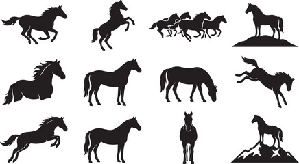 Obraz premium Set of black horse silhouettes featuring various poses such as running, jumping, rearing, and grazing for equestrian and farm projects