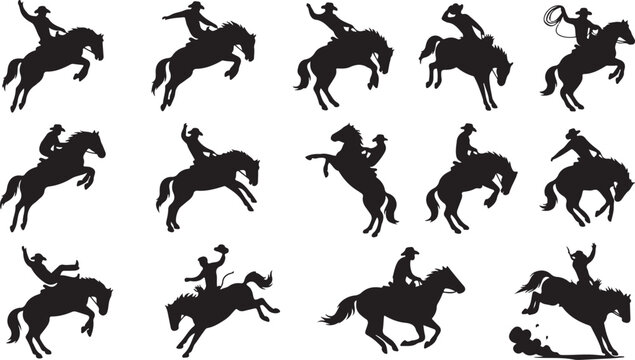 Set of black silhouettes depicting cowboys riding bucking horses, rodeo riders, lassoing, and jumping, isolated on a white background