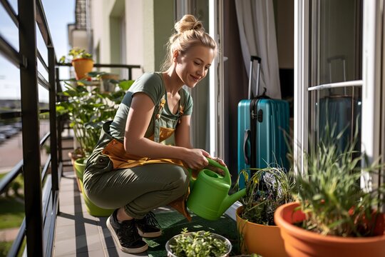 Frau giesst Balkonpflanzen nach der R&uuml;ckkehr aus den Sommerferien