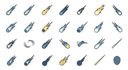 Comets icons depict a series of celestial bodies with tails moving through space in a clear and minimalist graphic style. © kwita