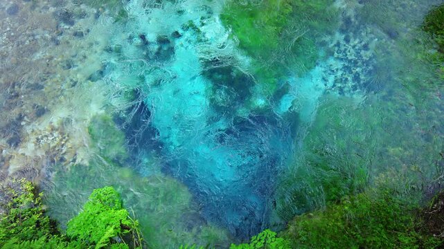 Blue eye spring in Albania revealing vibrant turquoise and emerald underwater colors