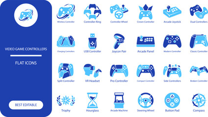 Fototapeta premium Video game controllers icon set. Minimal silhouette vector collection of joysticks, pads, arcade and VR symbols for gaming design