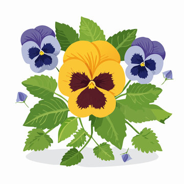 Central yellow pansy surrounded by purple blossoms.