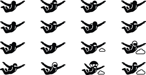 Fototapeta premium Set of skydiver silhouette icons for extreme sports design.
