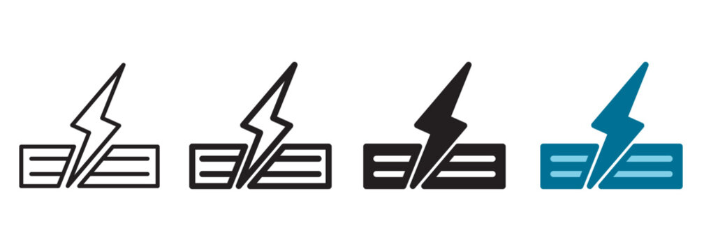 Plasma cutting icon with high voltage electric arc lightning bolt severing metal sheet plate representing smart factory thermal fabrication, digital manufacturing processing, and heavy tech.