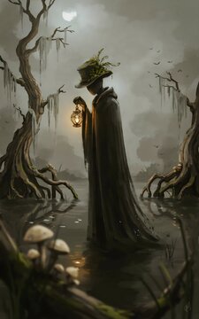 Ilustraci&oacute;n de figura misteriosa con t&uacute;nica y linterna caminando por un pantano de noche bajo la luna