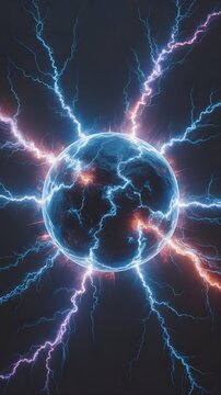 Esfera de plasma con descargas el&eacute;ctricas y rayos brillantes sobre fondo oscuro