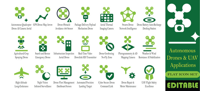 Autonomous drone and UAV application icon set. Thermal imaging, crop spraying, photogrammetry and docking station solid glyph vector symbols