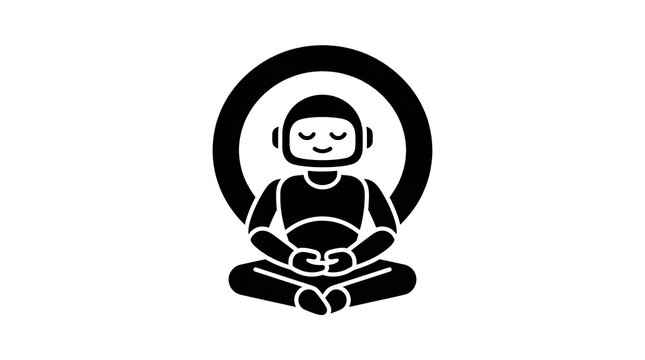 Minimalist black and white icon of a robot meditating in a lotus position with a circular halo