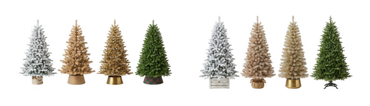 Collection of various artificial christmas trees isolated on transparent background