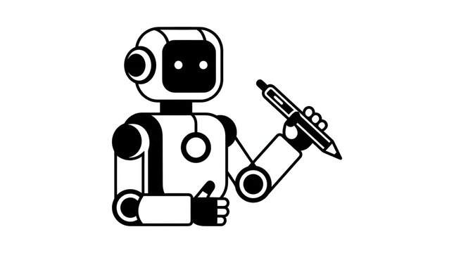 A black and white line art illustration of a friendly robot holding a writing pen or stylus