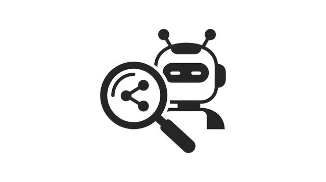 A black and white icon showing a robot head with a magnifying glass searching for social media share connections