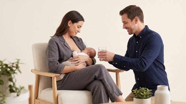 Supportive husband bringing a glass of water to his wife while she is breastfeeding their newborn baby at home