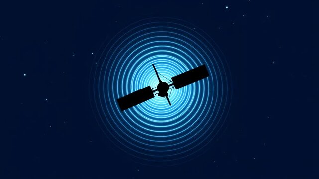 Space satellite silhouette transmitting blue electromagnetic signal waves in dark starry night sky