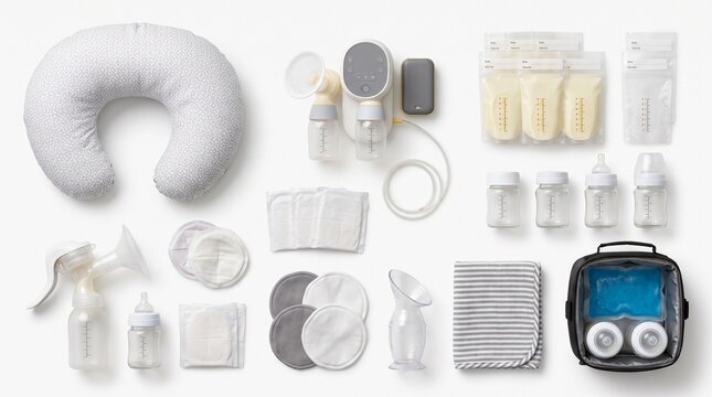 Comprehensive breastfeeding equipment kit including nursing pillow, electric pump, and storage essentials for newborn care and family support