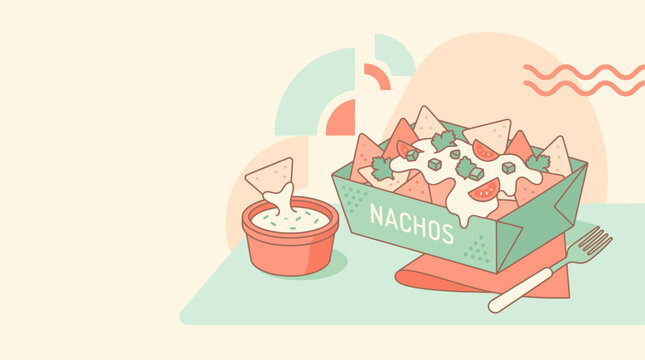 Flat vector illustration of crispy tortilla nachos with cheese sauce and jalapenos in a takeout box with dip
