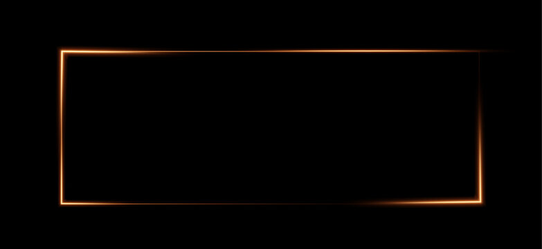Glowing orange neon rectangle outline: abstract techno geometric frame pattern isolated on black background