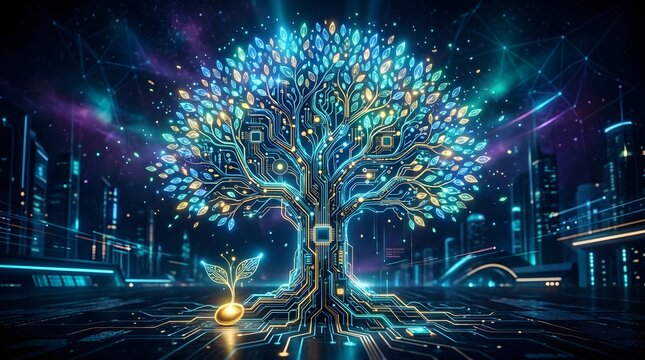 Digital tree growing from a circuit board. Futuristic technology concept of data growth.