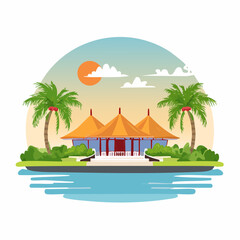 Obraz premium Tropical resort pavilion with palm trees and setting sun.