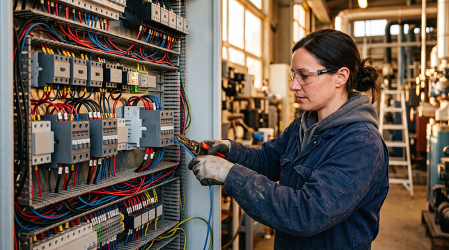 Female industrial electrician wiring a control panel in a manufacturing factory.