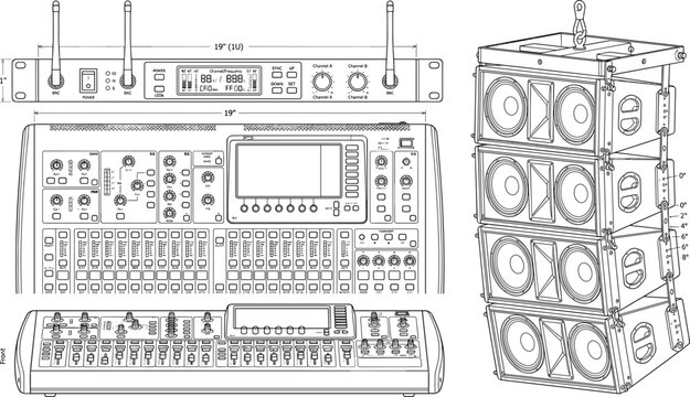 Professional Sound System Equipment Technical Drawing with Line Array Speakers and Audio Mixer