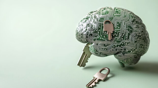 Conceptual image of human brain with circuit patterns and keys symbolizing security and technology