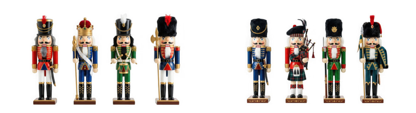 Collection of eight traditional wooden nutcracker soldier figurines isolated on transparent background