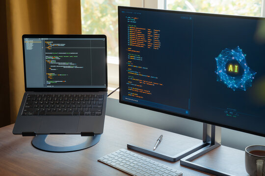 AI assistant or AI agent running automated tasks on computer in empty workspace, generating code and working on project automatically. Automation and task delegation to artificial intelligence