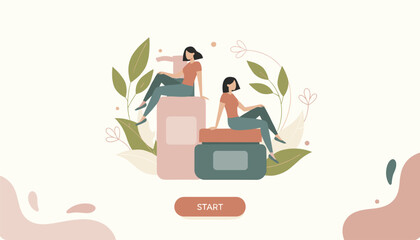 Fototapeta premium Creative beauty onboarding screen illustration with women sitting on giant skincare products surrounded by botanicals.
