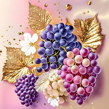 Luxury botanical vector illustration of colorful grape clusters with metallic gold leaves, white flowers, and floating golden elements on a soft pastel background. Elegant design suitable for wine bra
