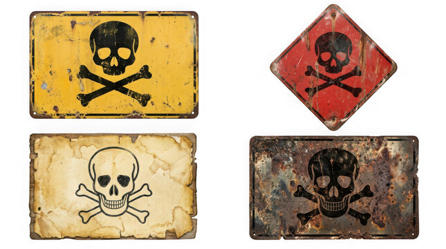 Collection of vintage skull and crossbones warning signs isolated on transparent background