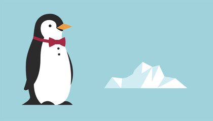 Obraz premium Cute cartoon penguin wearing a red bow tie stands next to a low poly iceberg on a bright light blue background.