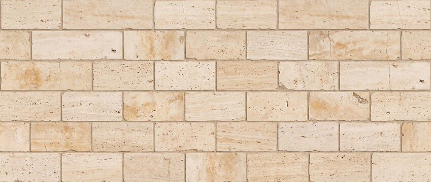 Warm Beige Travertine Stone Brick Wall Texture with Natural Limestone Masonry Architectural Background