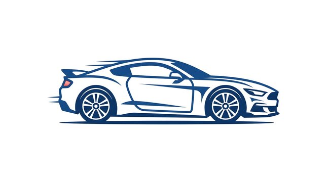A vector illustration of a modern white sports car speeding forward with blue outlines and motion blur effects.