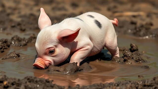 A pink piglet playing in a mud puddle with natural outdoor light.