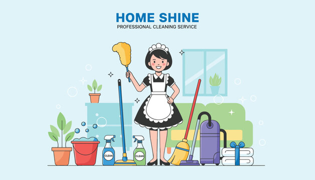 Professional home shine cleaning service banner with a friendly maid holding a feather duster surrounded by cleaning equipment.
